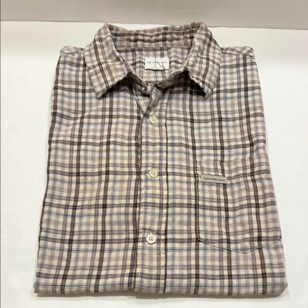 Calvin Klein Cream and Brown Casual Button Down Shirt